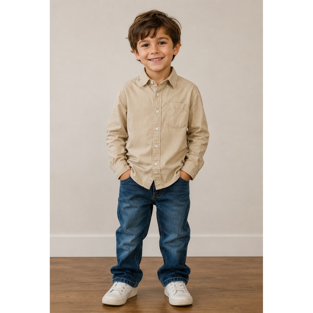 Spring & Gege Button Down Shirt Kids Large Tan Long Sleeve Cotton Classic Pocket
